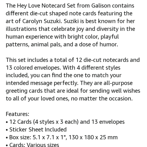 Carolyn Suzuki "Hey Love" 12  Die-Cut Shaped Notecards w/ Stickers NIB - Picture 2 of 10